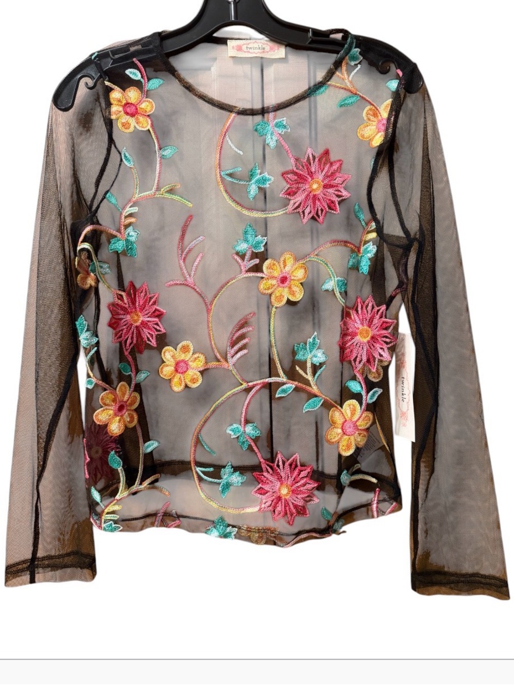 NWT Twinkle Black Mesh Pullover Long Sleeve Top Floral Embroidered sz Medium